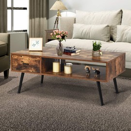 Giantex Coffee Table Mid-Century Modern TV Table W/ 1 Drawer and Open Storage Shelf for Living Room, Reception, Rustic Accent Sofa Cocktail Table 43" x 21.5" x 17.5"(L x W x H) (Rustic Brown)