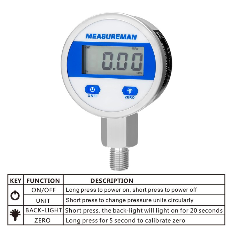 MEASUREMAN 2-1/2" dial, Digital Hydraulic Industrial Pressure Gauge with 1/4"