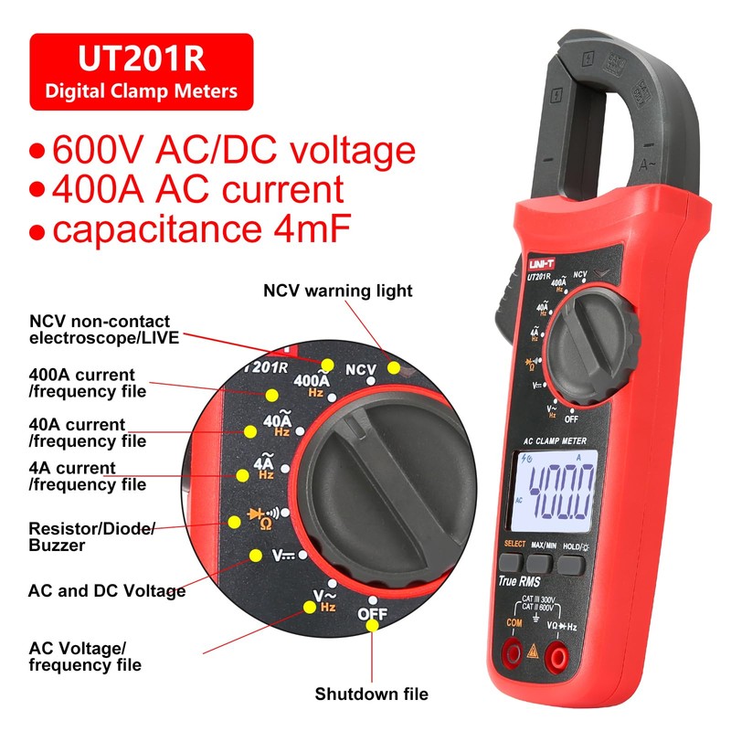 UNI-T UT201R Digital Clamp Meter 4000 Counts Multimeter Auto Range