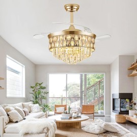 48" Fandelier Ceiling Fan with Light, Chandelier Fan, Retractable Crystal Ceiling Fan Dimmable LED, 3 Color Temperatures, 6 Speeds, for Bedroom & Living Room