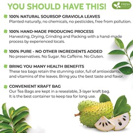 FreshDrinkUS, Premium 90 Soursop Graviola Leaf Tea Bags, 100% Natural and Pure from Soursop Leaves, Handmade, Made With Natural Materials-Corn Fiber Tea Bag, Sugar/ Caffeine/ Gluten Free, Hoja Guanabana Tea