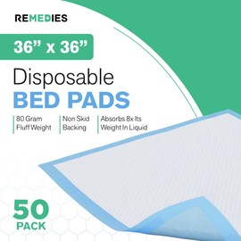 Remedies - Disposable Bed Pads 36" x 36" - 50 Count - Large Bed Pads for Incontinence - Seniors, Adults & Kids Chucks Pads - Adult Absorbent Incontinence Disposable Underpads for Beds & Furniture