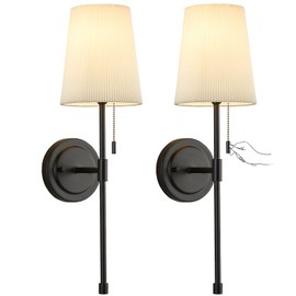 Wall Sconces Set of 2, Retro Industrial Wall Lamps with Pull Chain, Hardwired Bathroom Vanity Sconces Wall Lighting with White Fabric Shade, Indoor Wall Lights for Bedroom Living Room Corridor