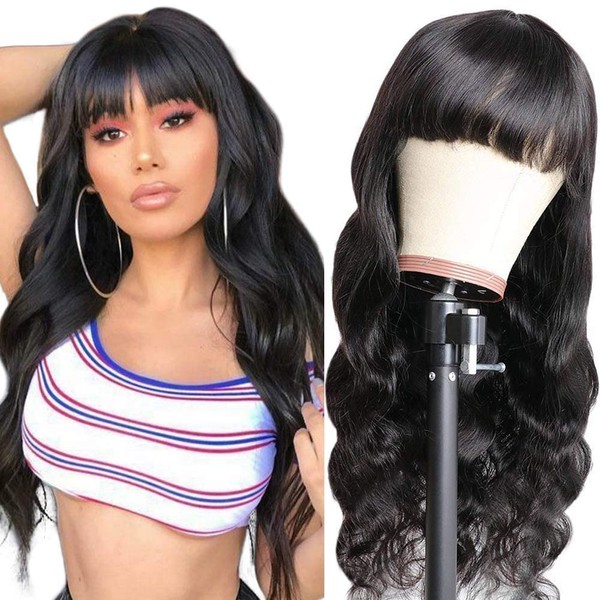 Amella Hair Body Wave Wigs With Bangs Virgin Brazilian None Lace Front Wigs Human Hair Wigs 150% Density Glueless Machine Made Wigs For Black Women (12inch)
