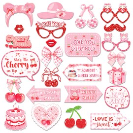 CC HOME 25Pcs Cherry Photo Booth Props, Pink Sweet Cherry Bomb Party Decorations Favor for Summer Fruit Theme Birthday Party Supplies Essentials with Sticks and Glues