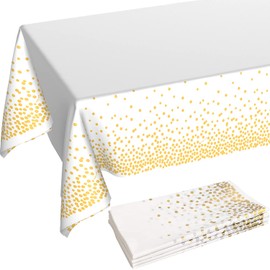 White and Gold Tablecloths for Party 4 Packs, 54X108 inch Gold Dot Confetti Disposable Rectangular Plastic Table Cover for Bridal Shower Engagement Wedding Birthday Thanksgiving Christmas BBQ Party