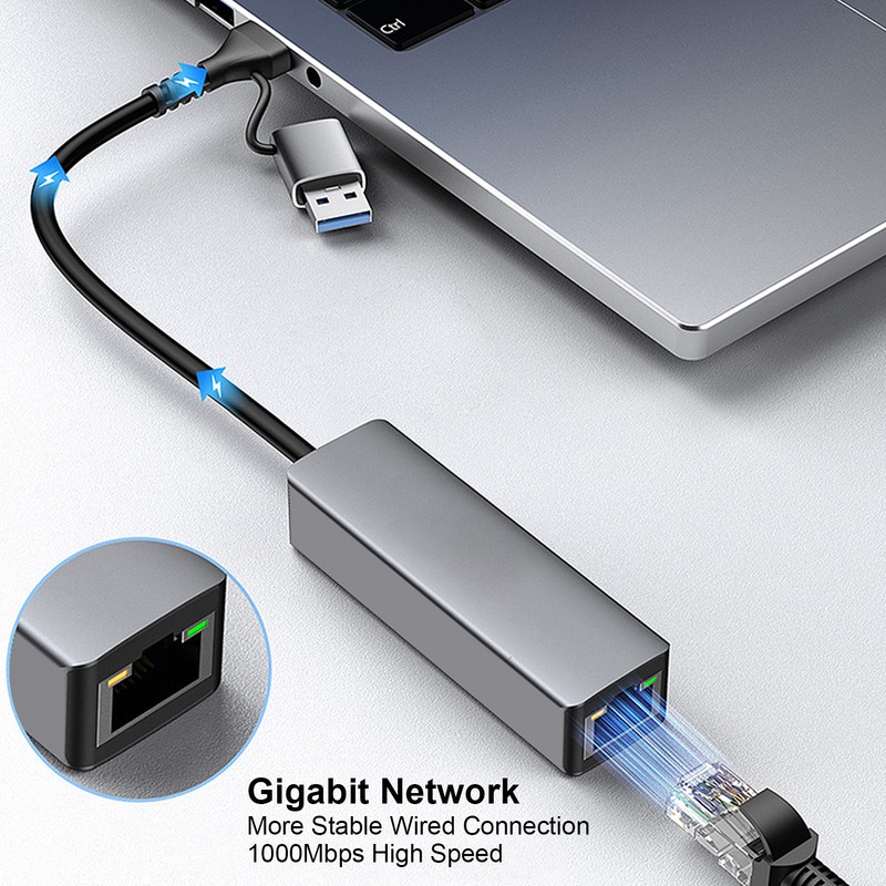 USB to Ethernet Adapter Type C RJ45 1000Mbps Aluminium Alloy