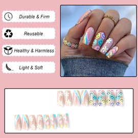 Ceboic 24Pcs French False Nails Square Medium, Cute Smile Press on Nails with Flowers Designs, Colorful Fake Nails Acrylic Full Cover Stick on Nails for Women Girls Daily Wear Salon