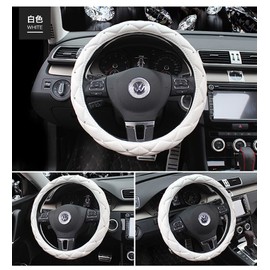 Follicomfy Comfort Leather Auto Car Steering Wheel Cover,Anti Slip Universal 15 Inch Diamond&Crown,White