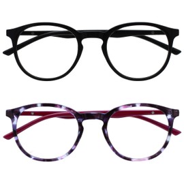 OPULIZE MET Blue Light Blocking Reading Glasses for Women Men, Slim Round Frame with Scratch Resistant and Spring Hinges, Computer Glasses with Anti-Reflective, Black,Purple +2 (Pack of 2)