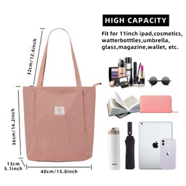 KALIDI Waterproof Corduroy Tote Bag with Zipper Casual Hobo Shoulder Bag Handbag Large Capacity Cord Tote Bag Women Shopping Bag for School Work College Daily Use,Pink