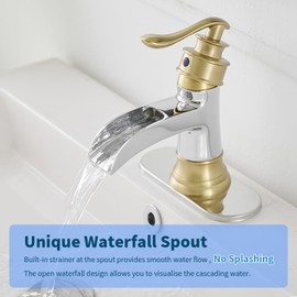 BWE Bathroom Faucet Waterfall Single Handle Chrome and Gold Vanity with Pop Up Drain Stopper with Overflow One Hole Lever Bath Sink Basin Restroom Mixer Tap Commercial Supply Line