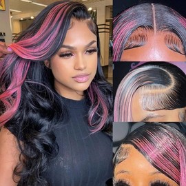 KeaBalo Ombre Lace Front Wig Human Hair Skunk Stripe Human Hair Wigs 13x4 Hd Lace Frontal Body Wave Highlight Pink Human Hair Wig Pink and Black Colored Wigs Human Hair 180% Density 20 Inch