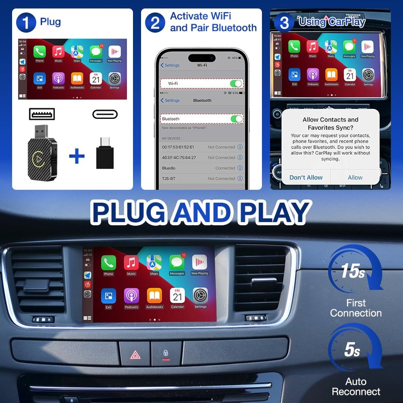 AVCXEC Android Car Wireless Adapter, Carplay Wireless Adapter, 2 in