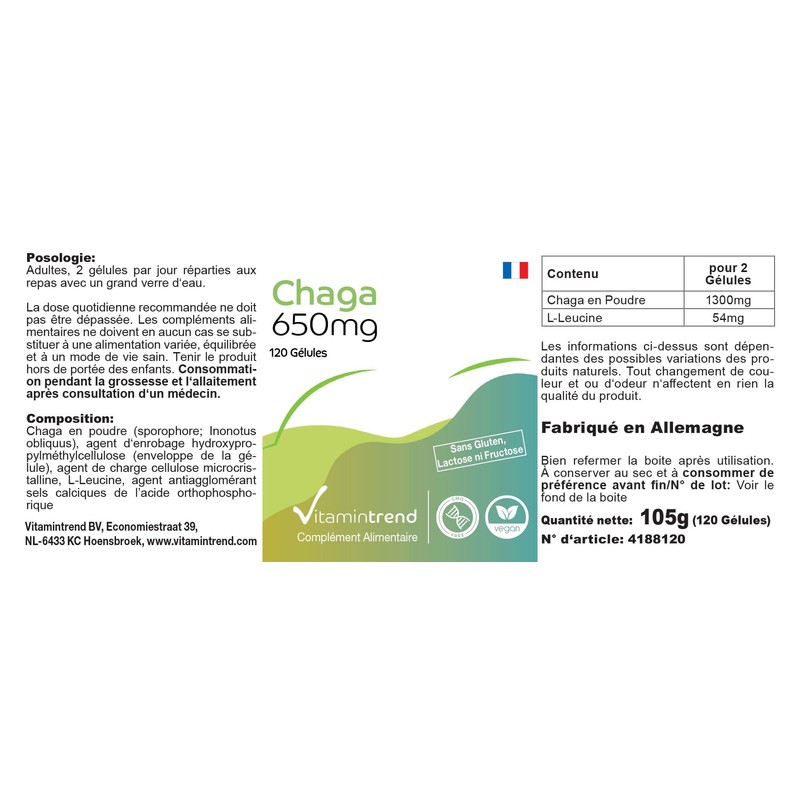 Chaga Powder 650 mg - 120 Capsules, Functional Vital Mushroom,