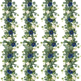 TOCHGREEN 4 Pack Artificial Eucalyptus Flower Garland with White and Blue Roses, Fake Rose Flower Greenery Garland Floral Vines for Wedding Home Party Table Runner Decor (Blue White, 4PCS)
