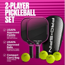 PRO SPIN Pickleball Paddles Set of 2 USAPA-Approved Graphite Carbon Fiber Rackets - 4 Indoor, Outdoor Balls, Premium Bag for Equipment & Accessories - Great Pickle Ball Gift (Pink, 2-Player Set)