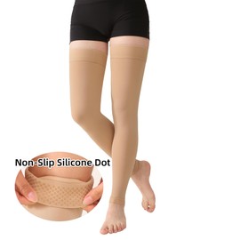 Thigh High Compression Stocking Footless - Pair, Thigh-Hi Leg Compression Sleeves Unisex, 20-30mmHg Gradient Compression with Silicone Band, Opaque, Best for Varicose Veins, Edema, Swelling, Beige L