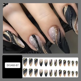 Press on Nails Medium Almond Shape-Glossy Full Cover Acrylic Pointed Almond Black False Nails with Gold Line Designs Artificial Fake Nails with Charms Glue ons Nails Stick on Fingernails for Women