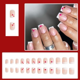 24Pcs White French Tip Fake Nails Heart Press on Nails Short Square False Nails with Love Nail Tip Design Full Cover Pink Coffin Glue on Nails Valentine's Day Acrylic Nails for Women Daily Nail Wear