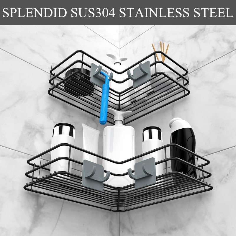 Nieifi Adhesive Corner Shower Caddy Shelf Basket Rack with Hooks,