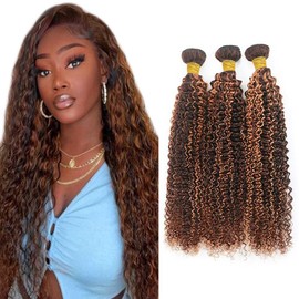 Leruikair Human Hair Bundles 12 14 16 Inch Jerry Curly Human Hair Bundles Highlight Brown Chocolate P4/30 Unprocessed Brazilian Soft Quick Weave Hair for Black Women