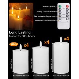12 Pcs White Flameless Candles Flat Top LED Candles with Remote Timer, Pillar Flameless Candle Bulk Flickering Battery Operated Candle for Wedding Festival Outdoor Home Decor D 3'' H 4'' 5'' 6''