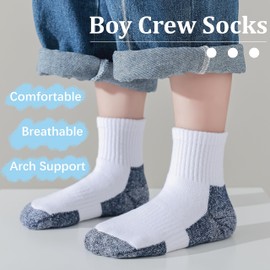 Marchare Boys Crew Socks Kids Cushioned Quarter Socks 5-7 Years Girls Thick Cotton Athletic Socks Black 6 Pack