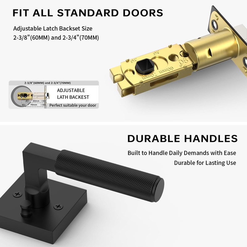 FILTA 1 Pack Matte Black Privacy Door Handles, Knurled Door