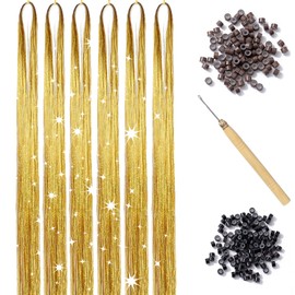 Gold Hair Tinsel Kit with Tool 6pcs 1200 Strands Hair Tinsel Heat Resistant Fairy Hair Sparkling Shiny Glitter Tinsel Hair Extensions for Women Girls 47Inch