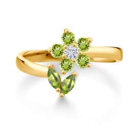 Gem Stone King 18K Yellow Gold Plated Silver Green Peridot and White Moissanite Flower Open Ring For Women (0.59 Cttw, Gemstone August Birthstone, Available In Size 5, 6, 7, 8, 9)