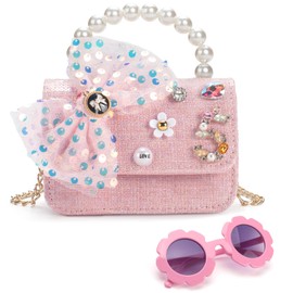 LJCTULY Girls Purse for Kids Aged 2-10 - Pink Toddler Crossbody Bag with Flower Sunglasses - Birthday Gifts for Girls