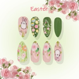 Easter Press on Nails Green Fake Nails Medium Almond False Nails Bunny Egg Acrylic Nails Full Cover Glossy Glue on Nails Rabbit Flower Artificial Stick on Nails for Women Manicure Accessories 24Pcs