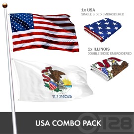 UD_G128 Combo Pack: USA American Flag 3x5 Ft Embroidered Stars & Illinois State Flag 3x5 Ft Embroidered Double Sided 3ply