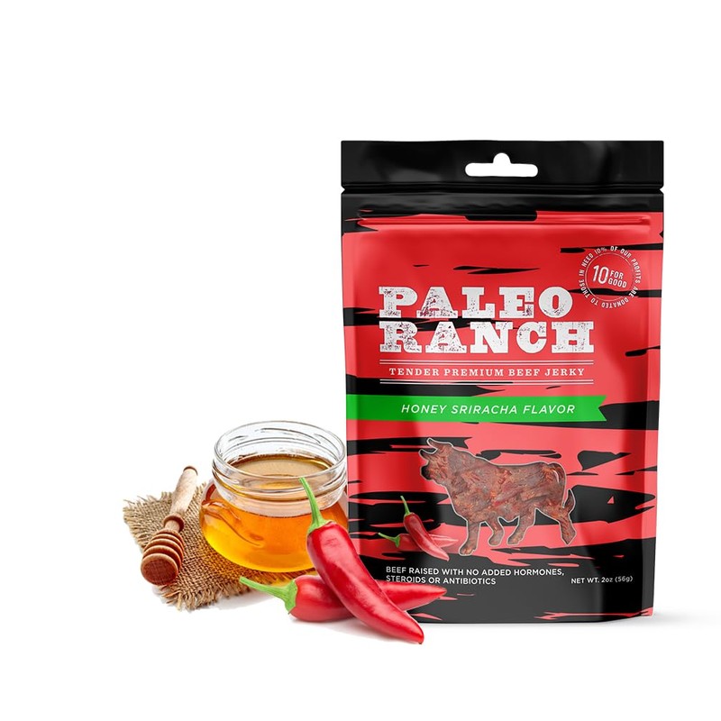 PALEO RANCH Uncured Bacon Jerky, Honey Sriracha, No Added Hormones,