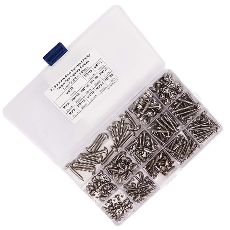 240Pcs Self Tapping Screws Cross Pan Head Stainless Steel M3