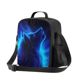 JIMOWANG Blue Wolf Insulated Lunch Bag with Shoulder Strap and Bottle Holder Portable Thermal Lunch Container Bag for School Travel Picnic