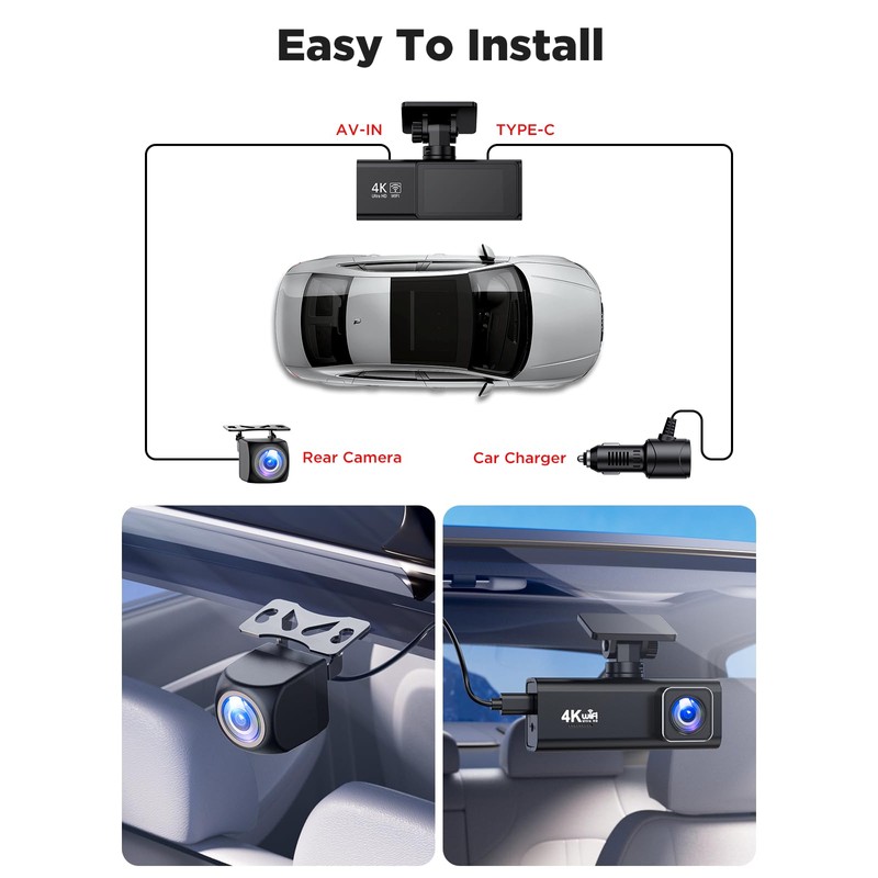 SAVUSCAM Dash Cam 4K + 1080P, WiFi Dash Cam Front