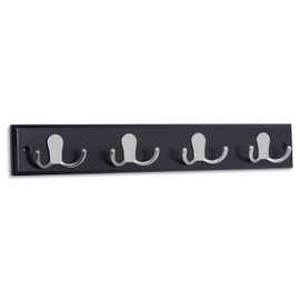 BIRDROCK HOME Dual Hook Coat Rack | 4 Dual Hooks | Wall Mounted Hat Key Rack Rail | Satin Nickel Hooks | Black Pine Bathroom Rail
