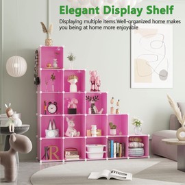 C&AHOME Cube Storage Organizer, 16-Cube Shelves Units, Plastic Storage Cubes, DIY Closet Organizer, Modular Closet Storage Shelves Ideal for Home, Bedroom, 48.4" L × 12.4" W × 48.4" H Pink UPCS16P