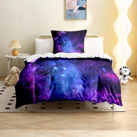 MUSOLEI Bed Linen 135 x 200 cm Starry Sky Purple Single Bed Girls Boys Cosmic 3D Print Microfibre Duvet Cover 135 x 200 cm and 1 Pillowcase 80 x 80 cm Bedding Set for Single Bed Starry Sky