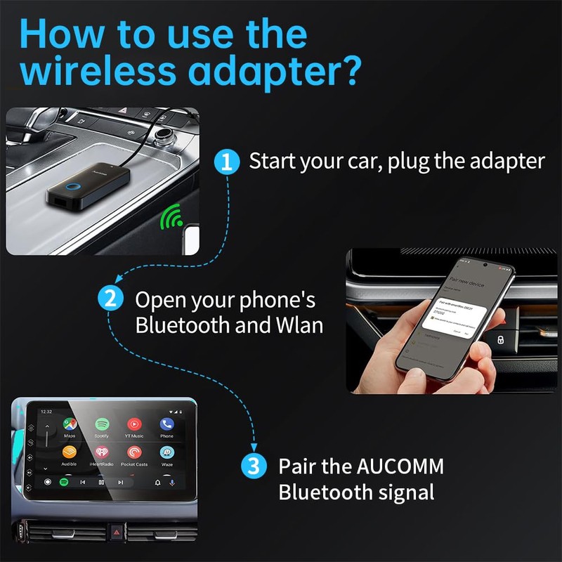 AUCOMM Wireless Android Auto Car Adapter Converts Wired AA 2016+