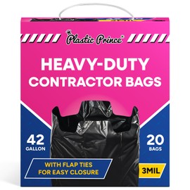 Plastic Prince Heavy Duty Contractor Bags 42 Gallon with Flap Ties Trash Bags 3 Mil for Industrial Commercial Use 32 x 45 Yard Waste Bags, Black Pack of 20