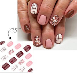 Spring Press on Nails Flower Stick on Nails Short Square Fake Nails with Chessboard Pattern Design Glossy Glue on Nails Pink False Nails Reusable Full Cover Artificial Nails Kit for Women Girls 24Pcs