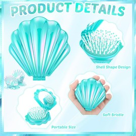 Meanplan 12 Pcs Mini Foldable Travel Hair Brush with Mirror Shell Shape Pocket Makeup Mirror Compact Hair Massage Comb Brush for Women Girls Hairstyles Bridal Shower Gift Party Supplies(Cyan)