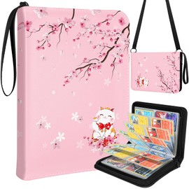 Lotadilo for Card Binder with 440 Pockets 4 Pocket - Trading Card Collection Album Folder for Kids Girls Girly Boys Teens for Sports Cards Game Cards with Zipper Hand Carrying, Sakura Cat