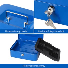 Small Cash Box with Money Tray and Lock, Lovndi Metal Money Box for Cash, Lockbox 7.87 x 6.3 x 3.54 Inches, Blue