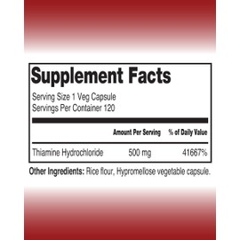 The One Pill Integrative Healing Vitamine B1 Thiamine Hydrochloride, Thiamine Hcl, 500mg-120 Capsules,Vegan,Non GMO,No Artificial fillers or Stearate additives.