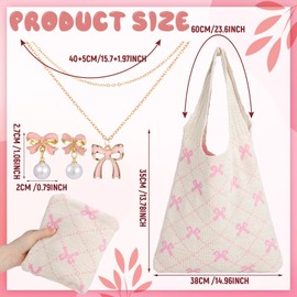 Bulyoou 3 Pcs Valentine's Day Gifts for Women Heart Crochet Tote Bags Coquette Heart Pendant Earrings Necklaces Y2k Jewelry(Pink,Bow)