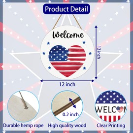 Patriotic Decorations 4th of July Wreaths for Front Door Red White and Blue Decorations American Heart Wooden Welcome Sign Door Decor for Fourth of July Memorial Day Porch Wall Indoor Home Decor